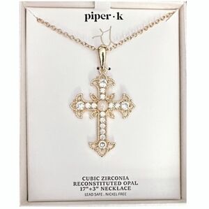 🤍▪️Piper K ▪️Gold Cross  Reconstituted Opal and Cubic Zirconia 17" Necklace